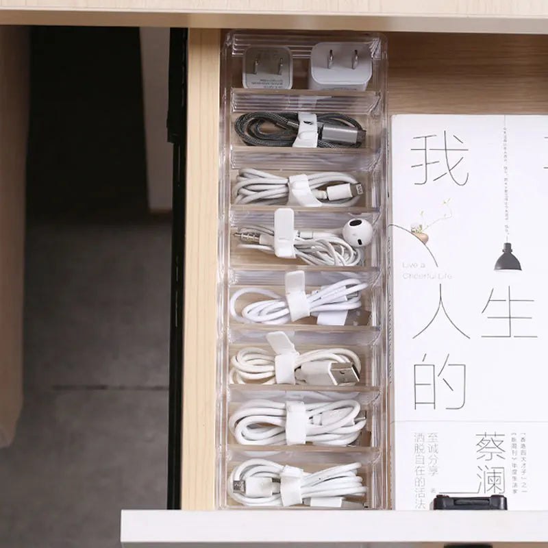 Dustproof Cable Organizer Box – 8-Compartment Clear Desktop Storage