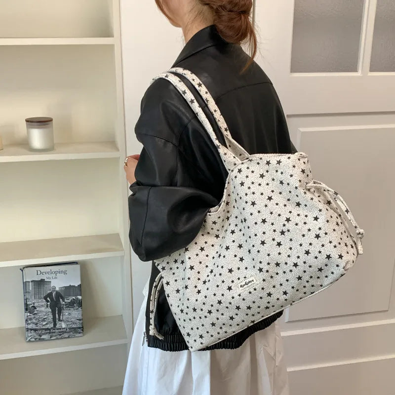 Korean Star-Pattern Nylon Tote Bag – Large Shoulder Bag Canvas Tote Bag Nixie White