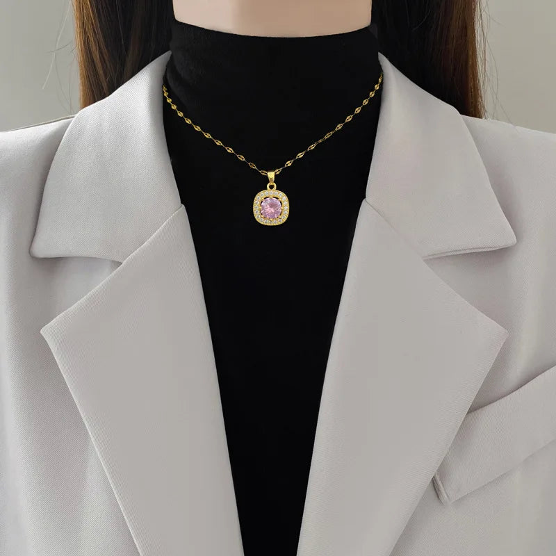 Square Zircon Pendant Necklace | Gold Stainless Steel Clavicle Chain Pendant Necklace Nixie