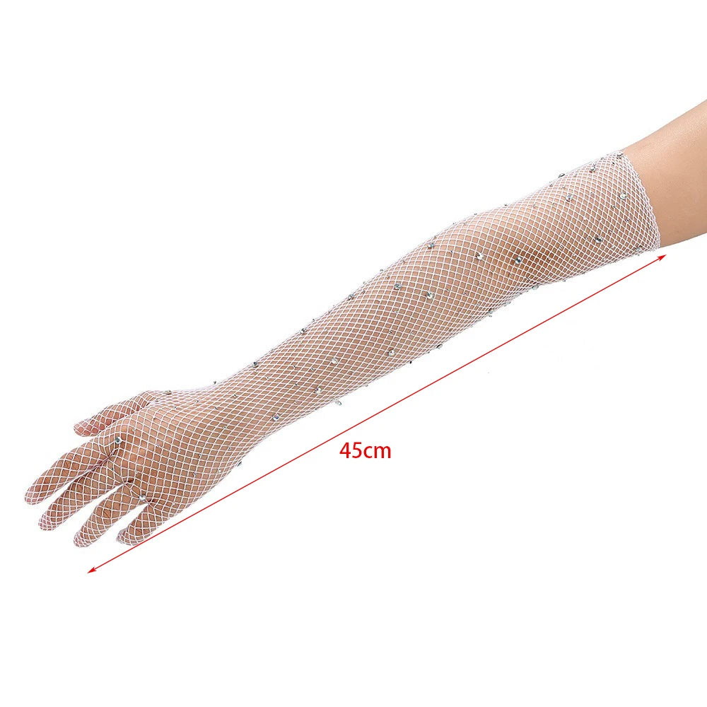 Glitter Rhinestone Fishnet Gloves Long Opera Punk Cosplay Mittens Costume Fashion Gloves Nixie