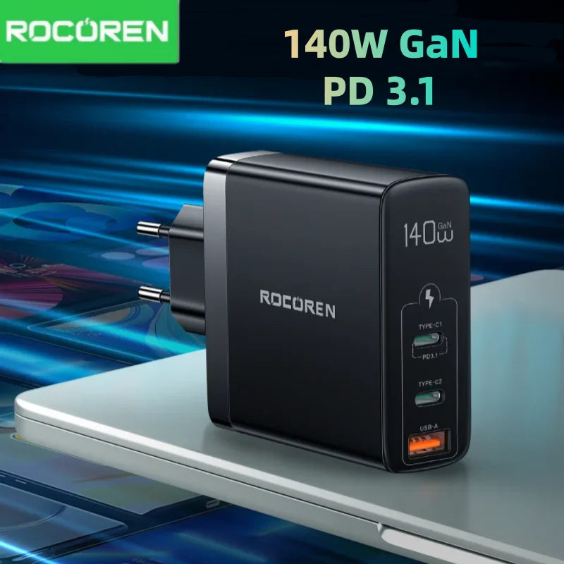 Rocoren 140W GaN USB-C Charger PD 3.1 QC 4.0 | MacBook & iPhone GaN USB-C Charger Nixie