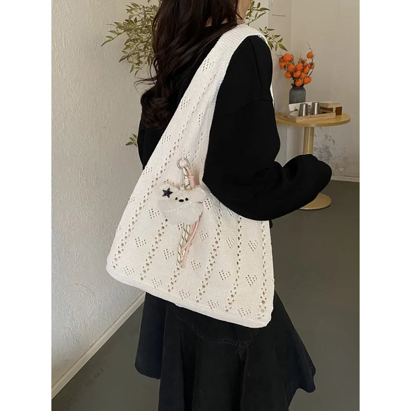 Bohemian Hollow Woven Tote Bag – Knitted Yarn Shoulder Bag Woven Shoulder Tote Nixie