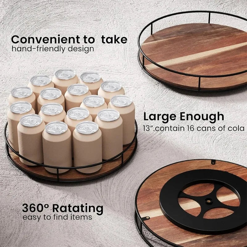 Acacia Wood Lazy Susan Turntable with Metal Frame | Kitchen Organizer Lazy Susan Organizer Nixie