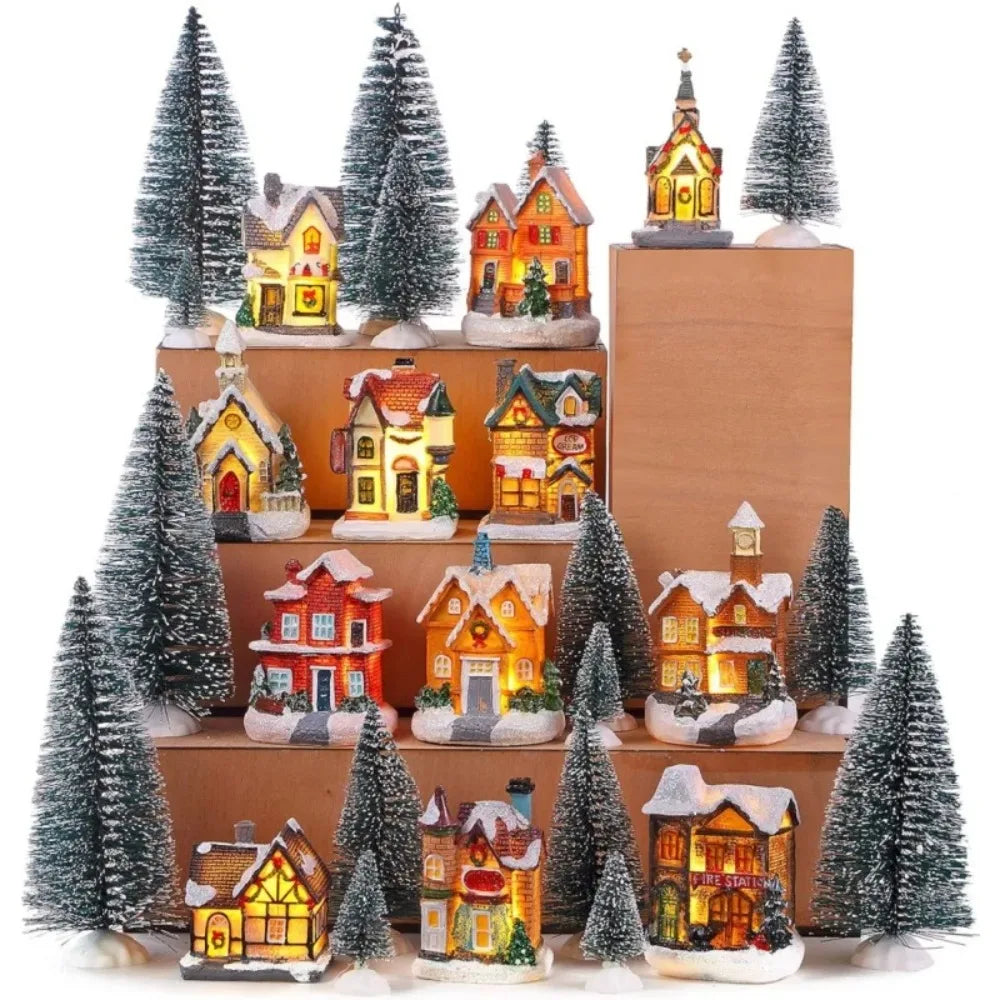 LED Miniature Christmas Village House Resin Ornament Decor Christmas Village Ornament Nixie