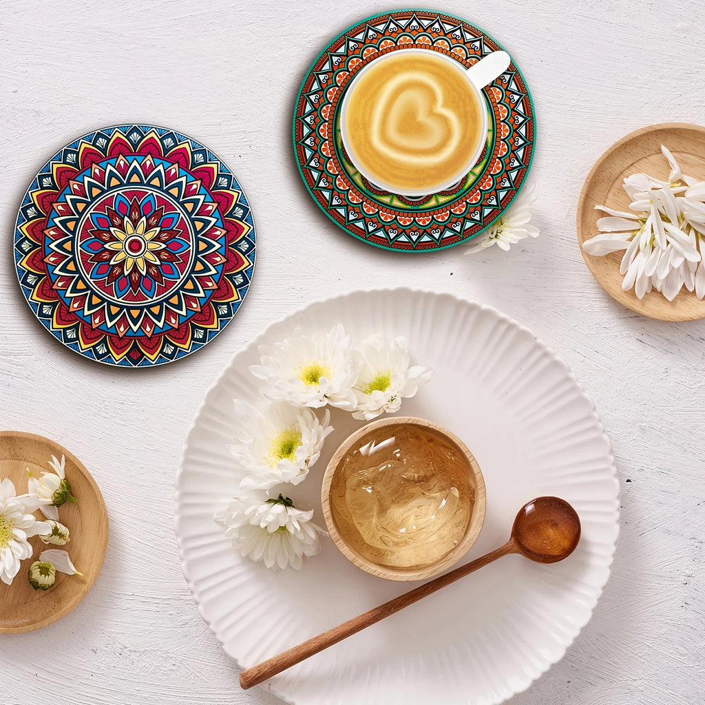8-Piece Wooden Mandala Coasters Set – Home, Bar & Office Decor Decorative Coaster Set Nixie