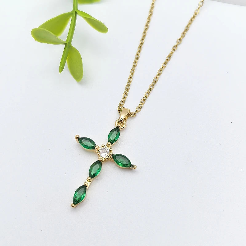 Women's Cross Zircon Pendant Necklace | Gold Stainless Steel Pendant Necklace Nixie XL1200-213