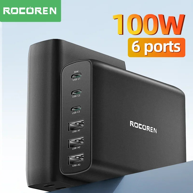 Rocoren 100W GaN Desktop Charger 6-Port USB-C PD Fast Charge Desktop Charging Station Nixie