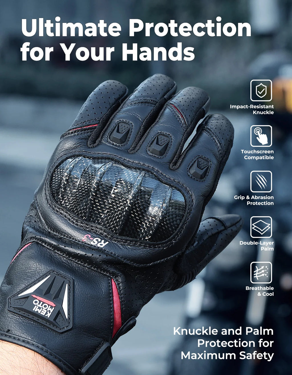 KEMITOUR Men's CE Leather Motorcycle Gloves | Carbon Touch Screen Motorcycle Gloves Nixie