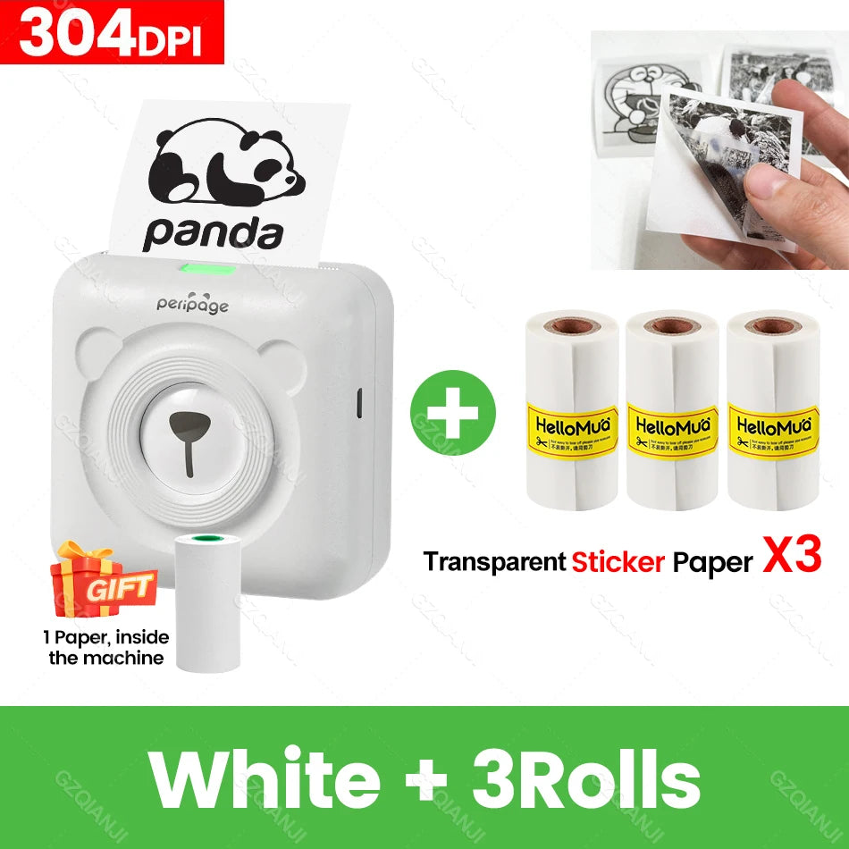 PeriPage A6 Mini Pocket Photo Printer 304dpi Bluetooth Portable Photo Printer Nixie WH add 3pk Clear Stk