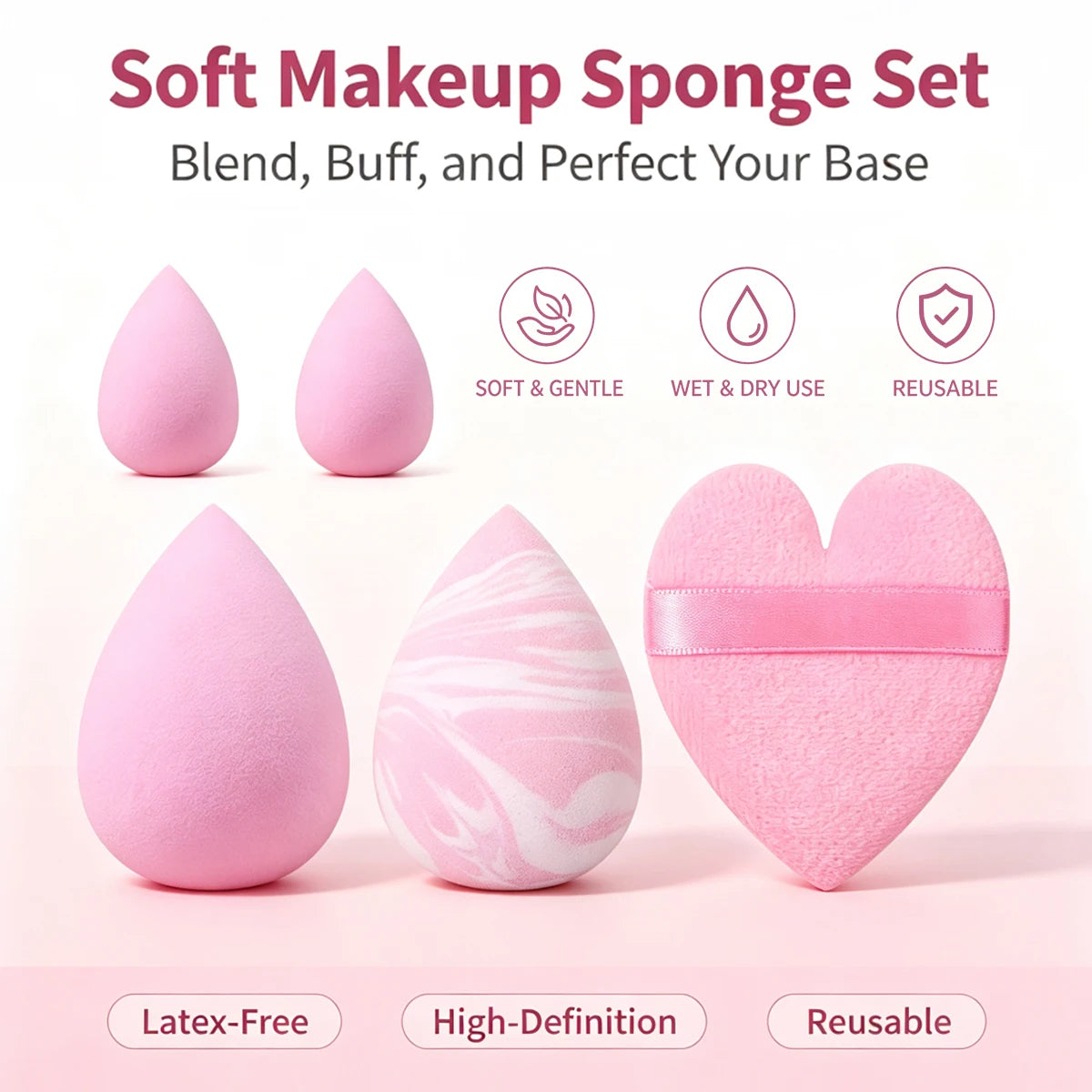 5-Piece Multi-Shape Makeup Sponge Set with Heart Puff Makeup Sponge Set Nixie
