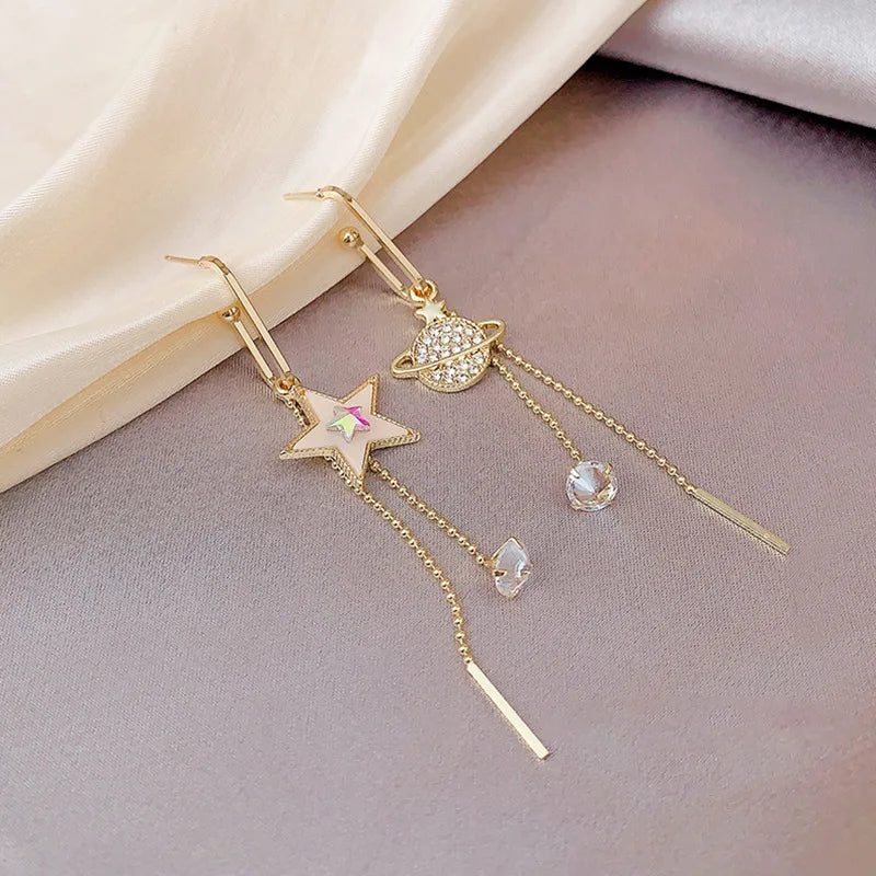 Pentagram Tassel Asymmetrical Drop Earrings – Gold Plated