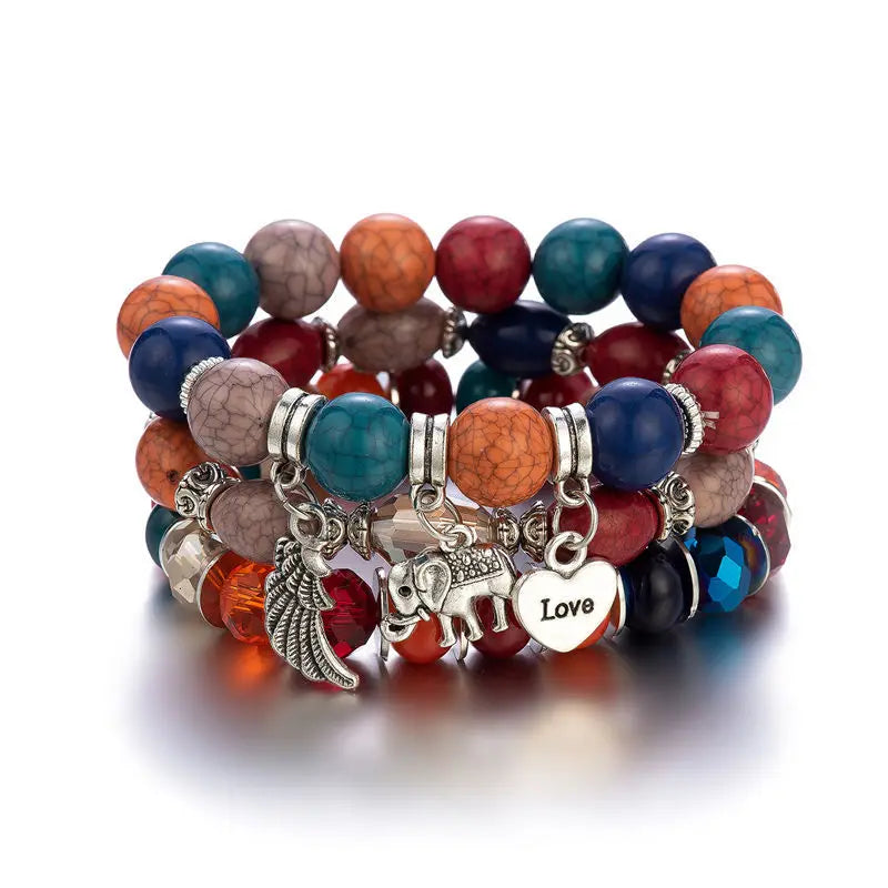 4pcs Vintage Boho Bracelet Set – Beads, Tassel & Leaf Pendant Bangle Bracelet Set Nixie Color system