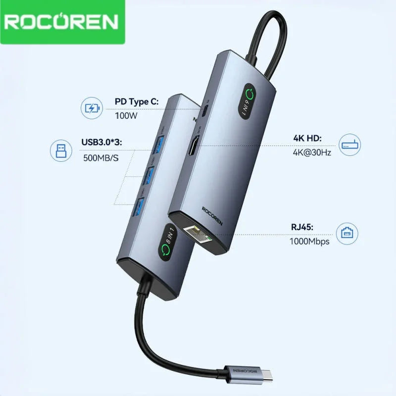 Rocoren 11-in-1 USB-C Hub PD 100W RJ45 SD Docking Station USB-C Docking Station Nixie