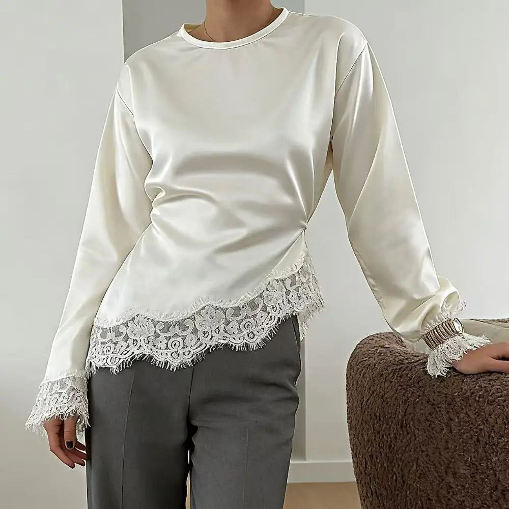 Lace Patchwork Satin Top | Flare Sleeve Elegant Pullover Lace Patchwork Blouse Nixie