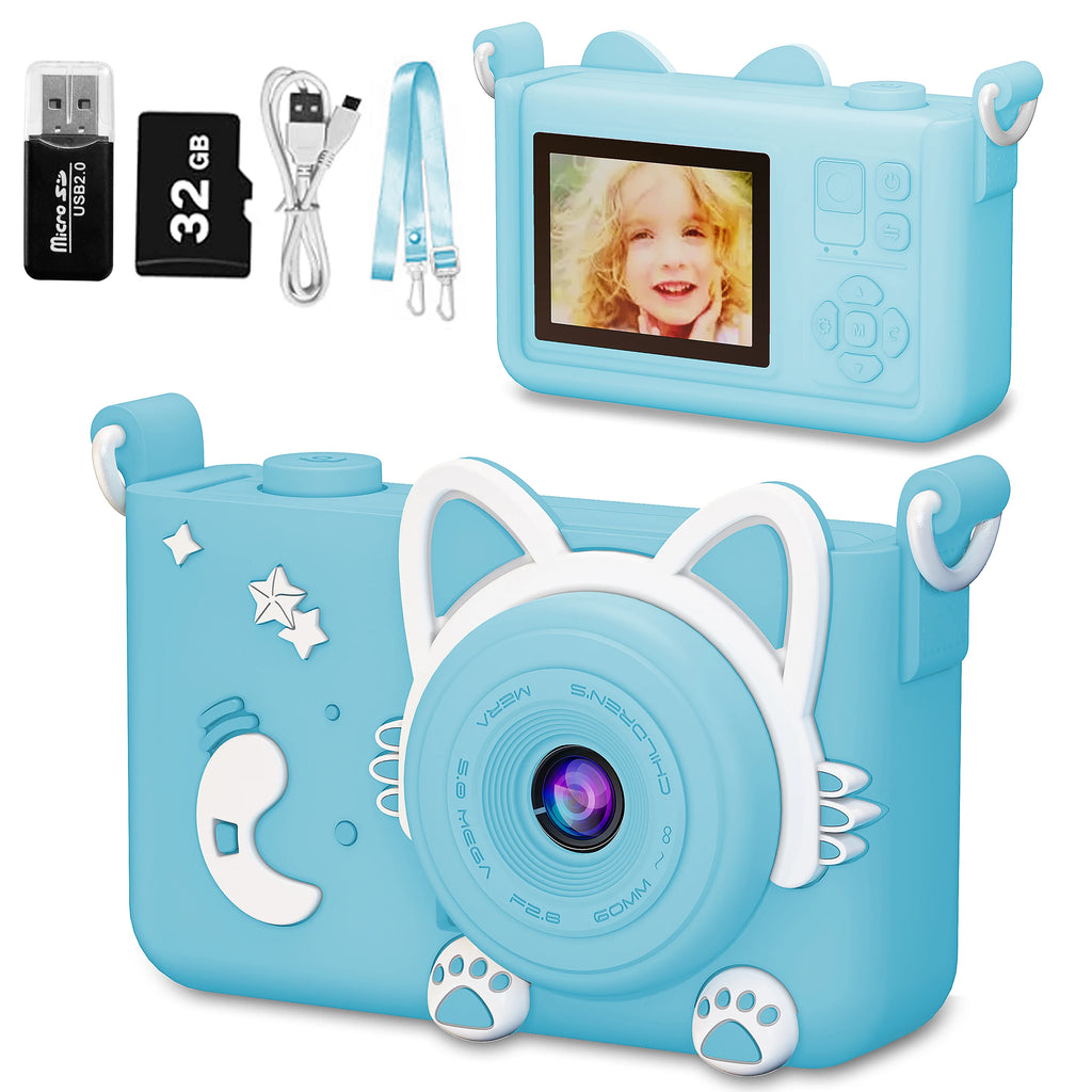 Kids Digital Dual Camera 1080P HD + 32GB Card | Cat Design Kids Digital Camera Nixie Cat Blue Set