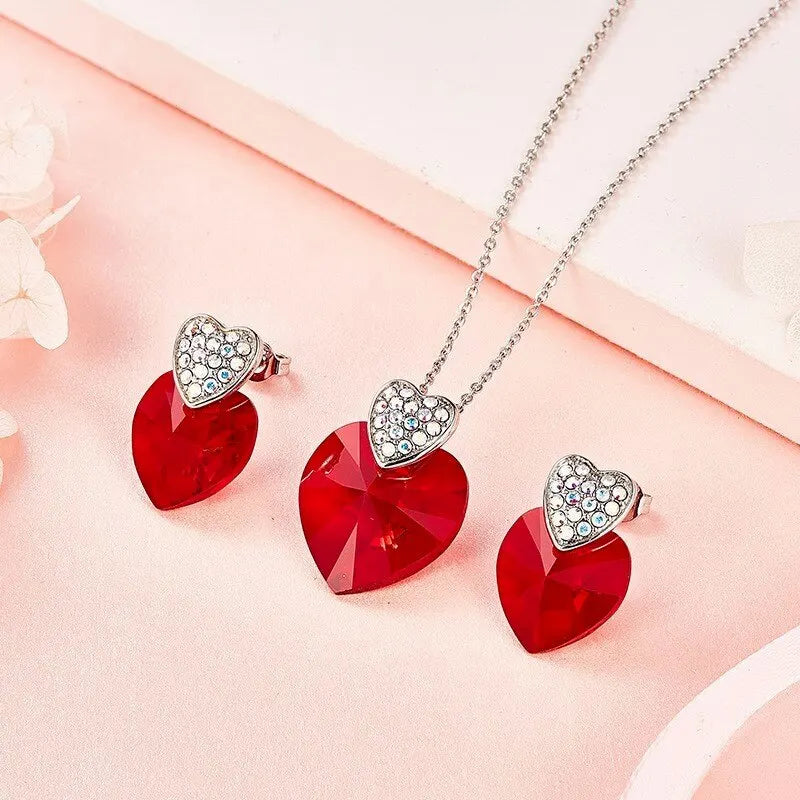 Silver Heart Crystal Necklace & Earrings Set | Women's Gift Jewelry Gift Set Nixie