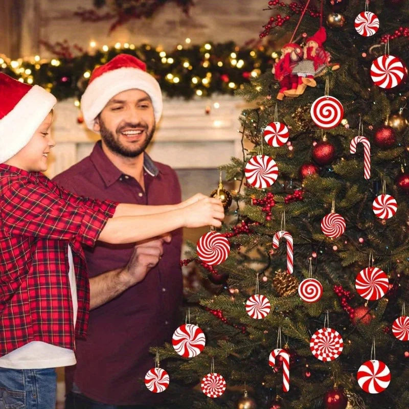 19Pcs Wooden Candy Cane Christmas Ornaments – Red & White Decor Christmas Tree Ornaments Nixie