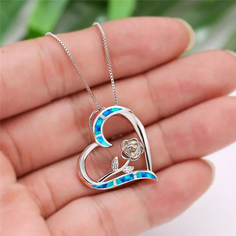 Women's Simulated Opal Rose Flower Heart Pendant Necklace Pendant Necklace Nixie