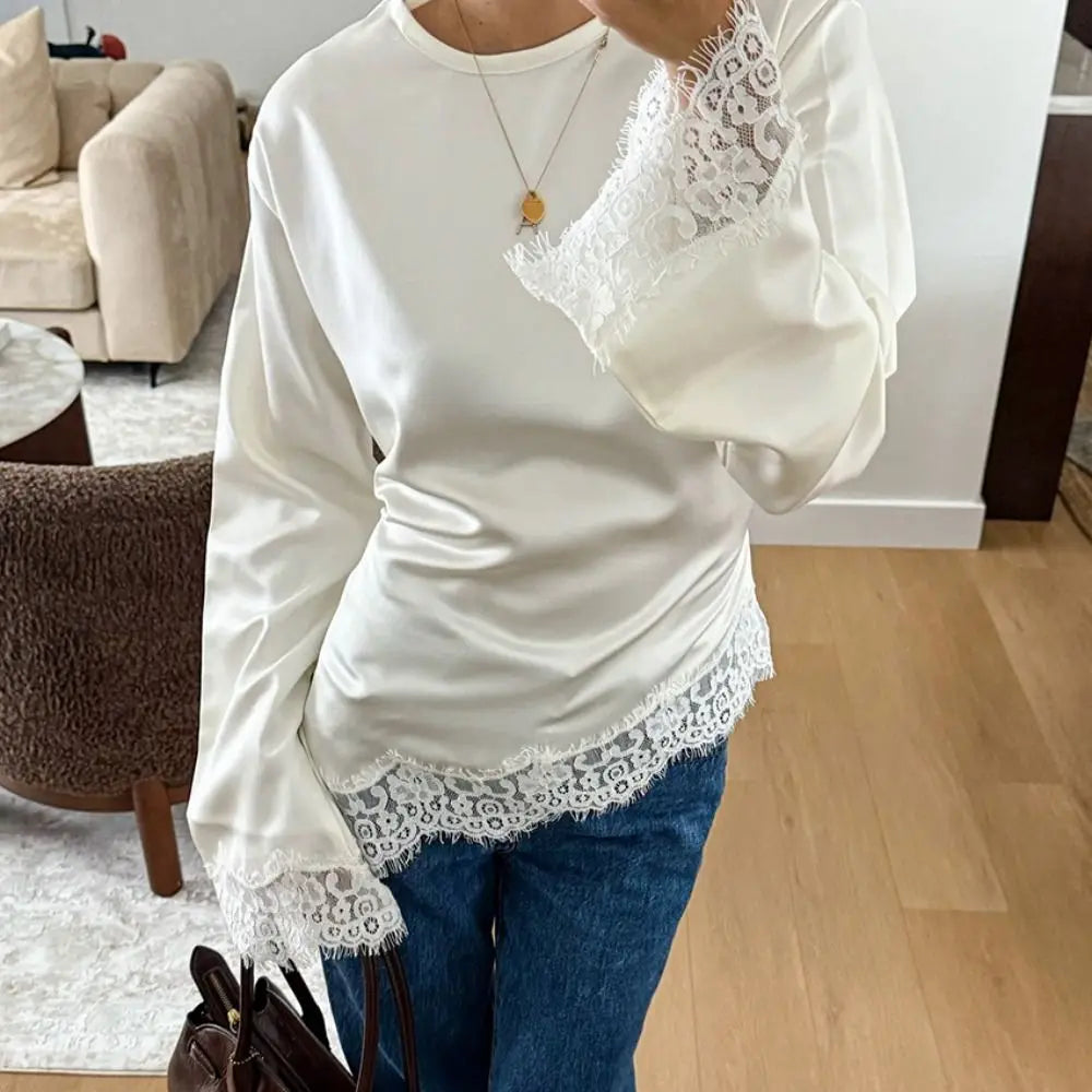 Lace Patchwork Satin Top | Flare Sleeve Elegant Pullover Lace Patchwork Blouse Nixie