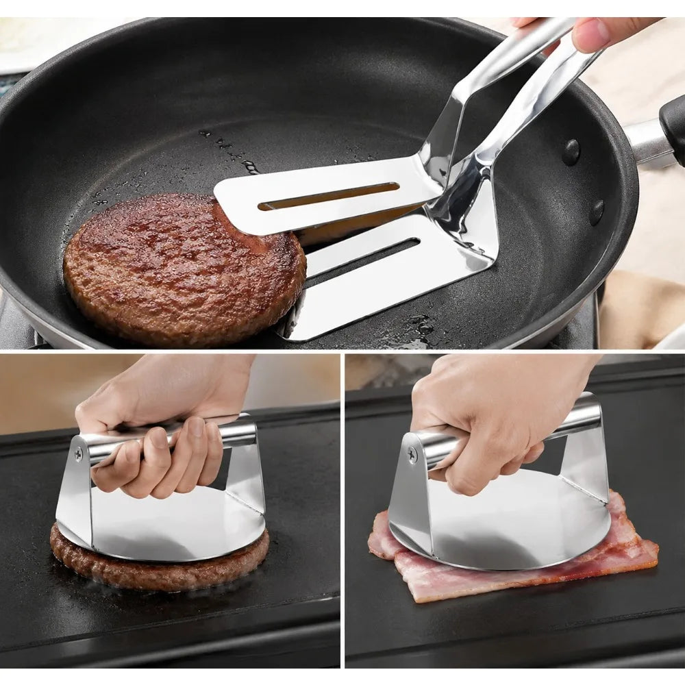 Smash Burger Press & Steak Tongs Set – Heavy-Duty Stainless Steel BBQ Burger Press Set Nixie
