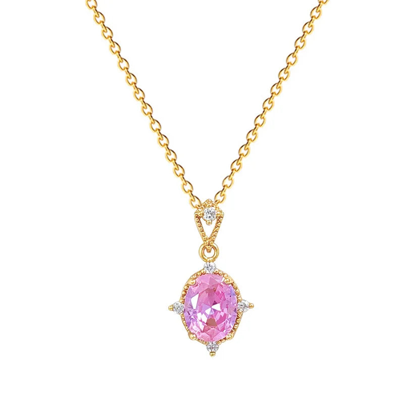 Women's Pink Zircon Pendant Gold Stainless Steel Necklace Pendant Necklace Nixie