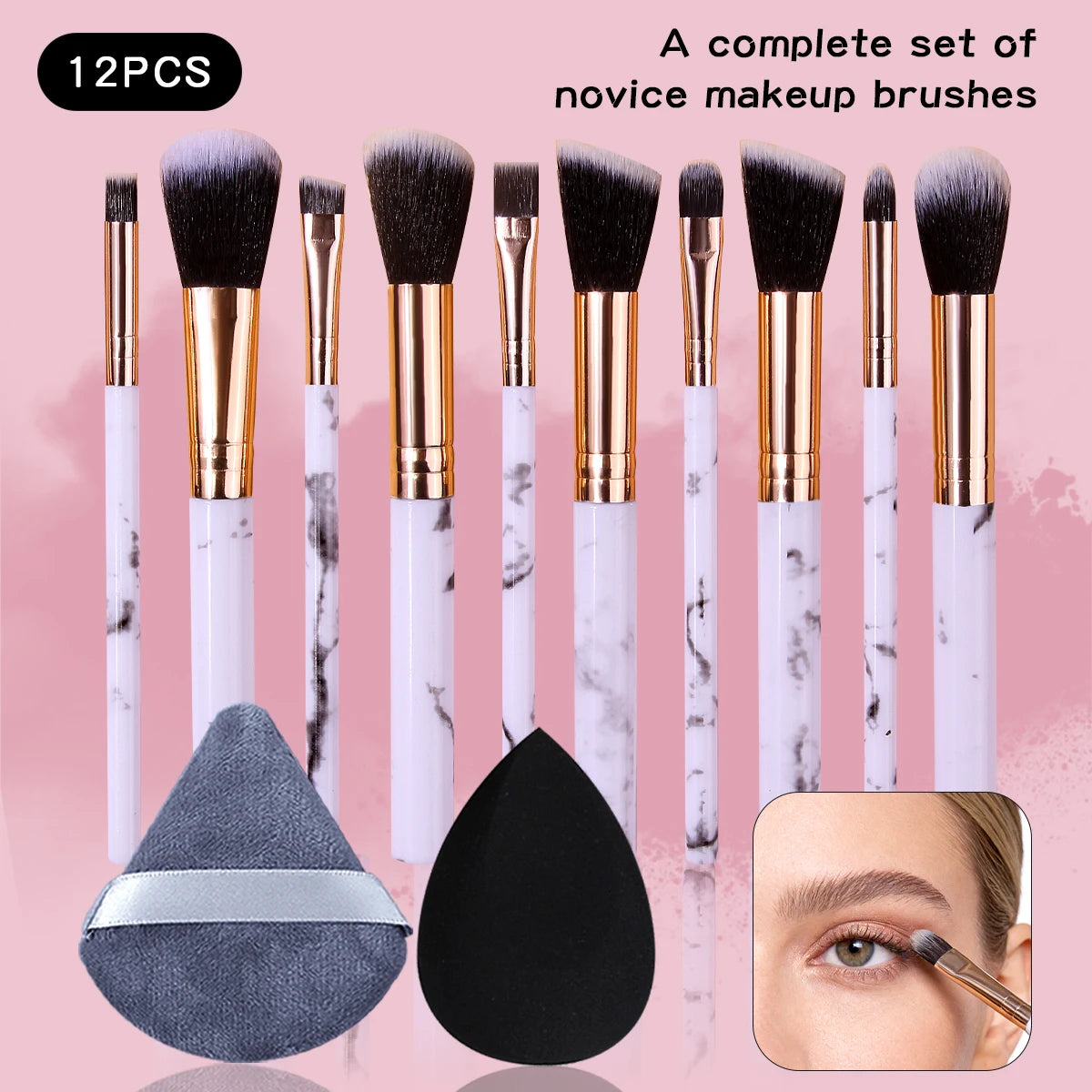Marble Makeup Brush Set 12pc – Blush, Eyeshadow, Puff & Sponge Makeup Brush Set Nixie WHITE