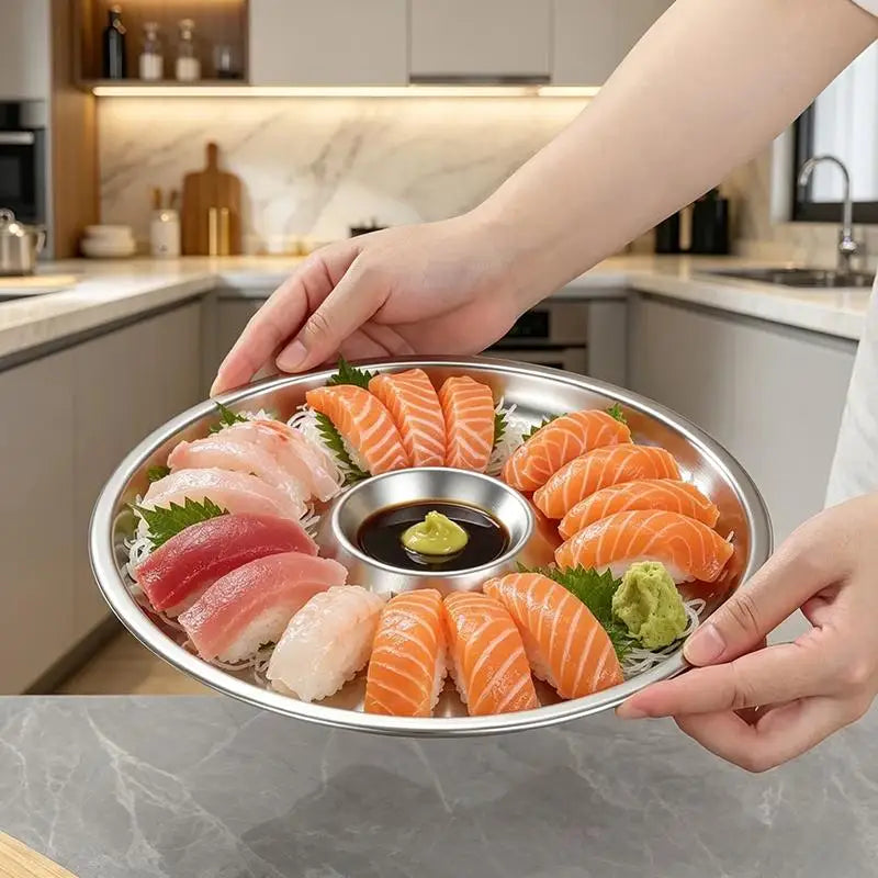 Stainless Steel Sashimi Ice Plate with Dipping Dish Sashimi Ice Serving Tray Nixie