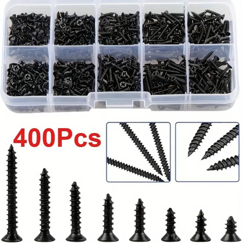 400pcs Self-Tapping Wood Screws Assortment Kit – Carbon Steel Screw Assortment Kit Nixie 400pcs-black