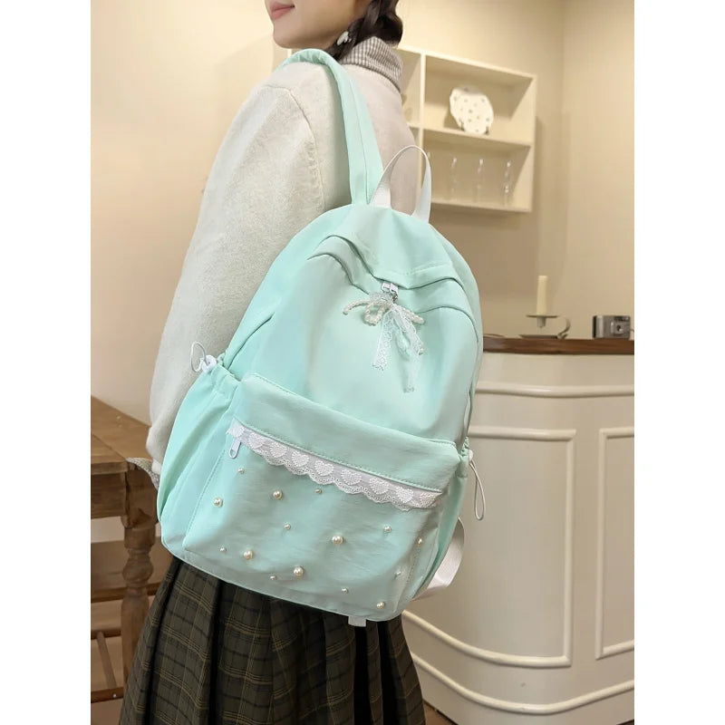 Girly Lace Pearl Backpack – Large Capacity Teen School Bag