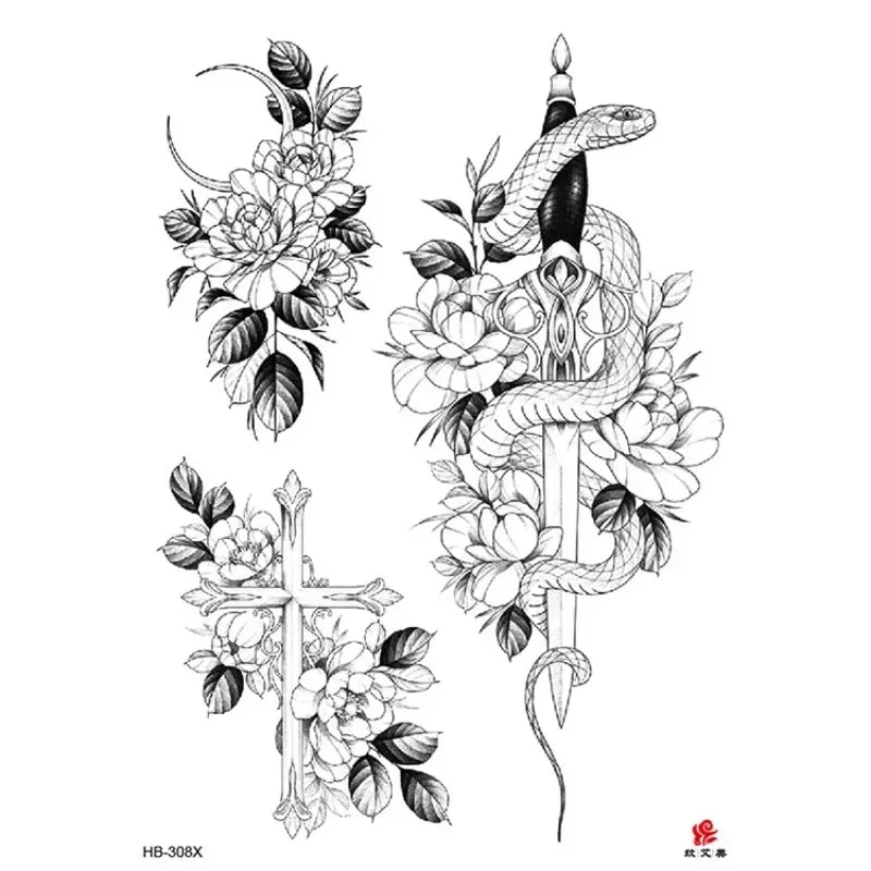 Temporary Tattoo Stickers – Snake, Rose & Peony | 14 Sheets Temporary Tattoo Sticker Nixie