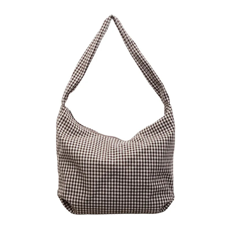 Korean Retro Plaid Canvas Tote Bag – Large Shoulder & Crossbody Canvas Tote Bag Nixie Khaki