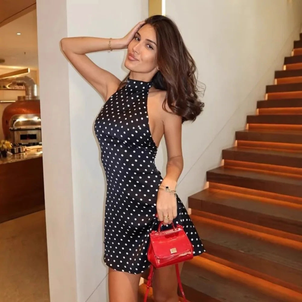 Women's Backless Halter Polka Dot A-Line Dress | Boho Summer Halter Neck Dress Nixie