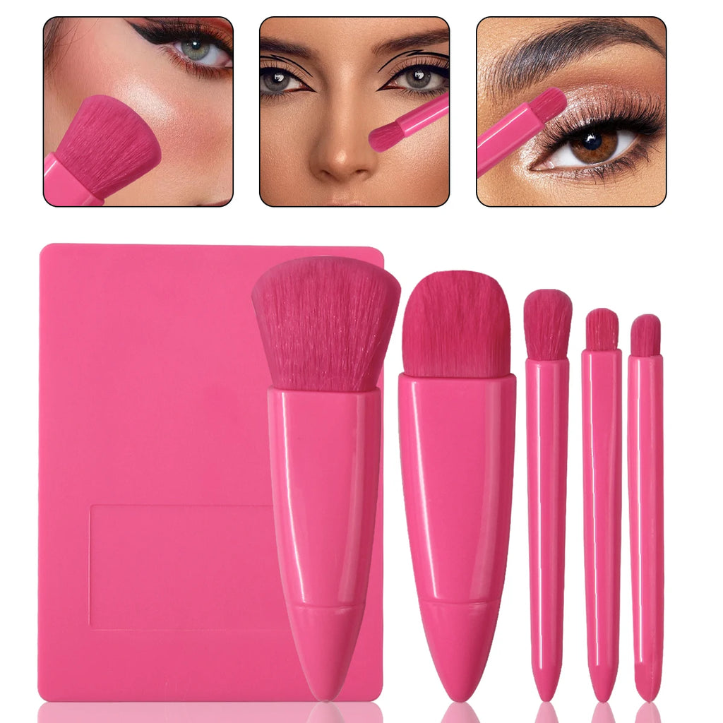 5-Piece Travel Makeup Brush Set with Case & Mirror Travel Makeup Brushes Nixie Pink