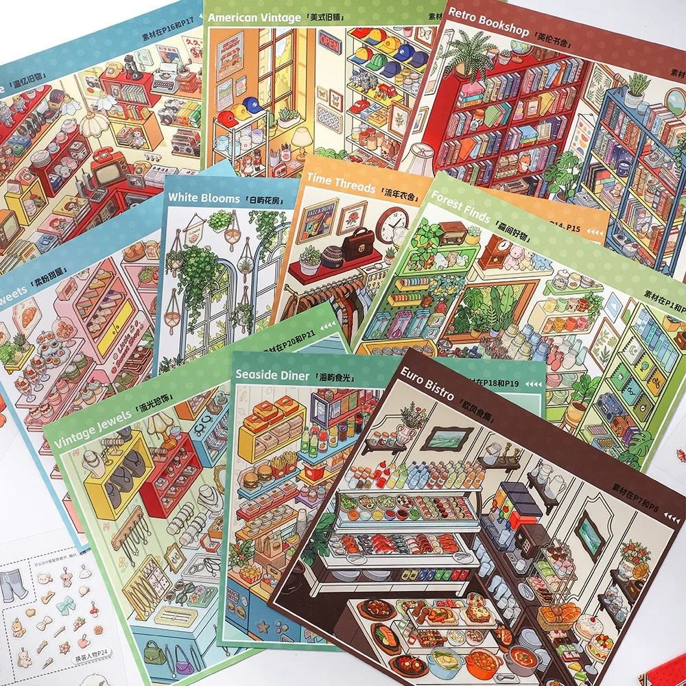 Miniature Scene PET Sticker Book – 10 Die-Cut Shop Scenes Craft Sticker Book Nixie