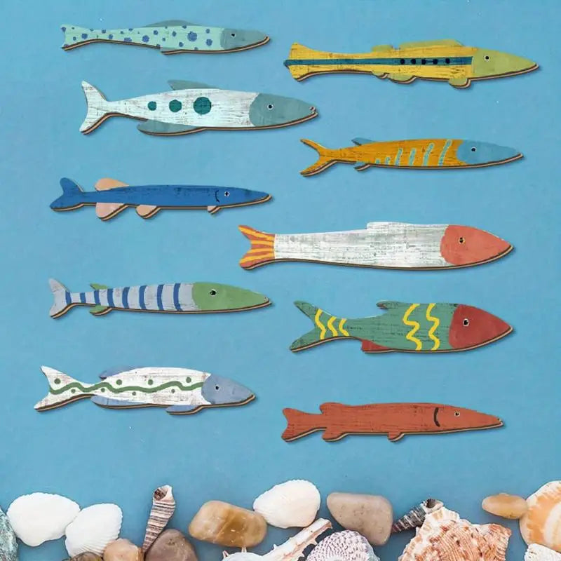 Wooden Ocean Fish Wall Decor Set – 10 Pcs Coastal Style