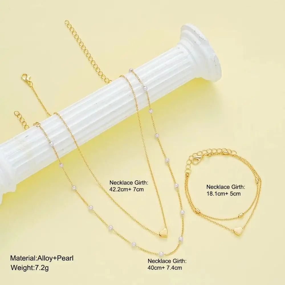 Pearl Heart Necklace & Bracelet Set – Gold & Silver Y2K Style Jewelry Set Nixie