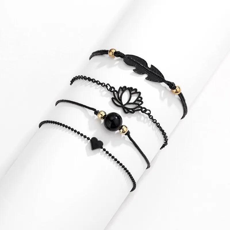 4pcs Women's Gothic Alloy Bracelet Set – Lotus, Leaf & Heart Fashion Bracelet Set Nixie