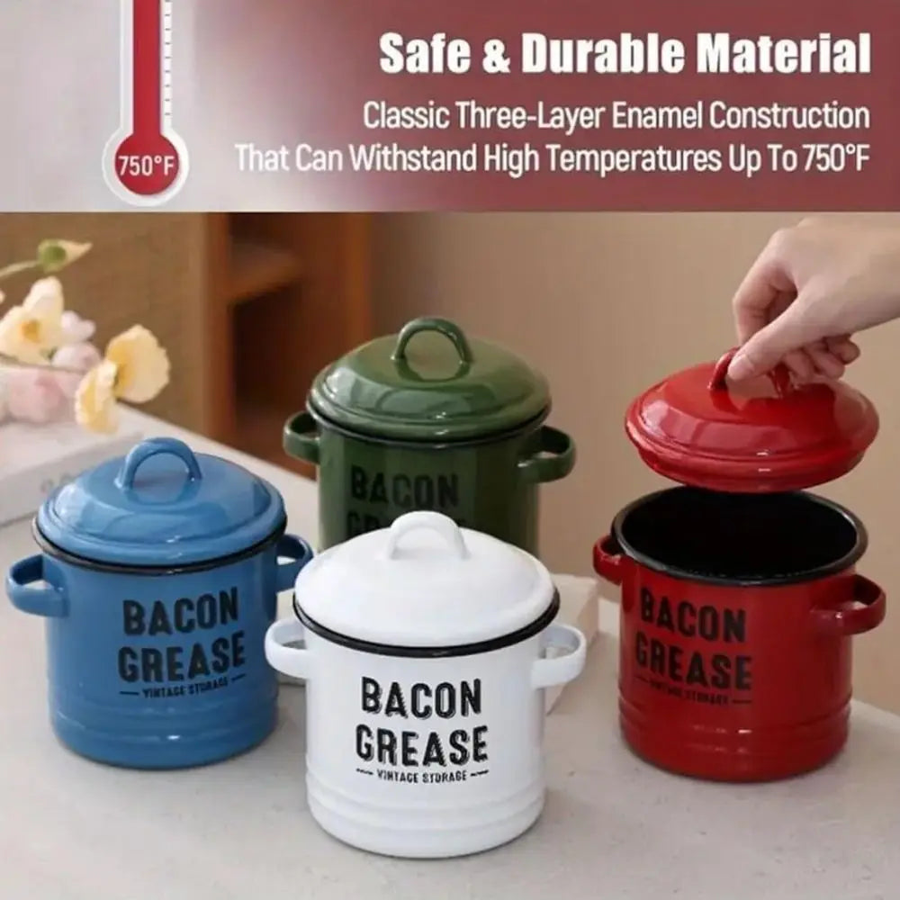 46 Oz Enamel Bacon Grease Container with Strainer & Lid