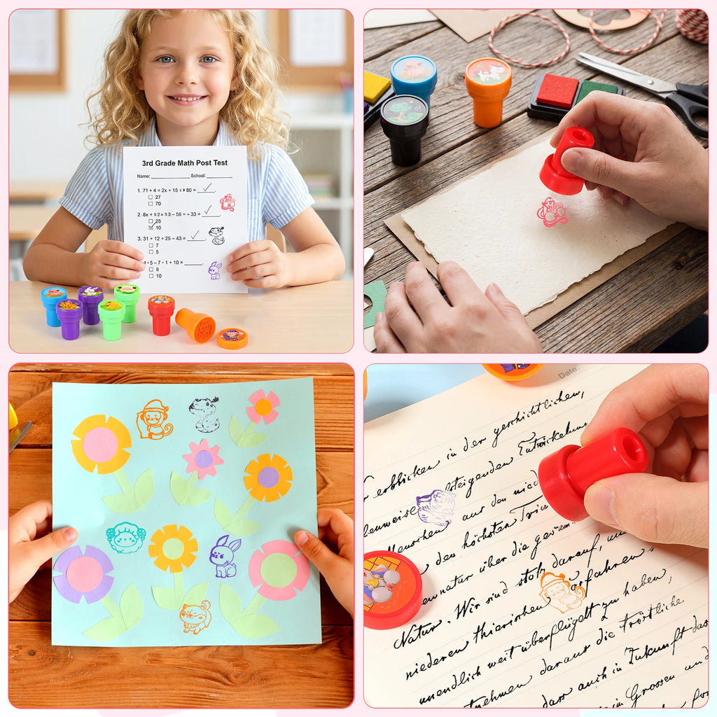 12pcs Cartoon Self-Inking Stamps for Kids – Animal & Game Set Kids Craft Stamps Nixie