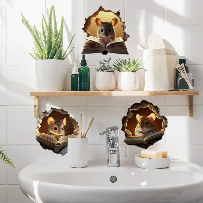 3Pcs Cute Mouse Hole Wall Stickers – Funny 3D Home Decor Wall Decal Sticker Nixie