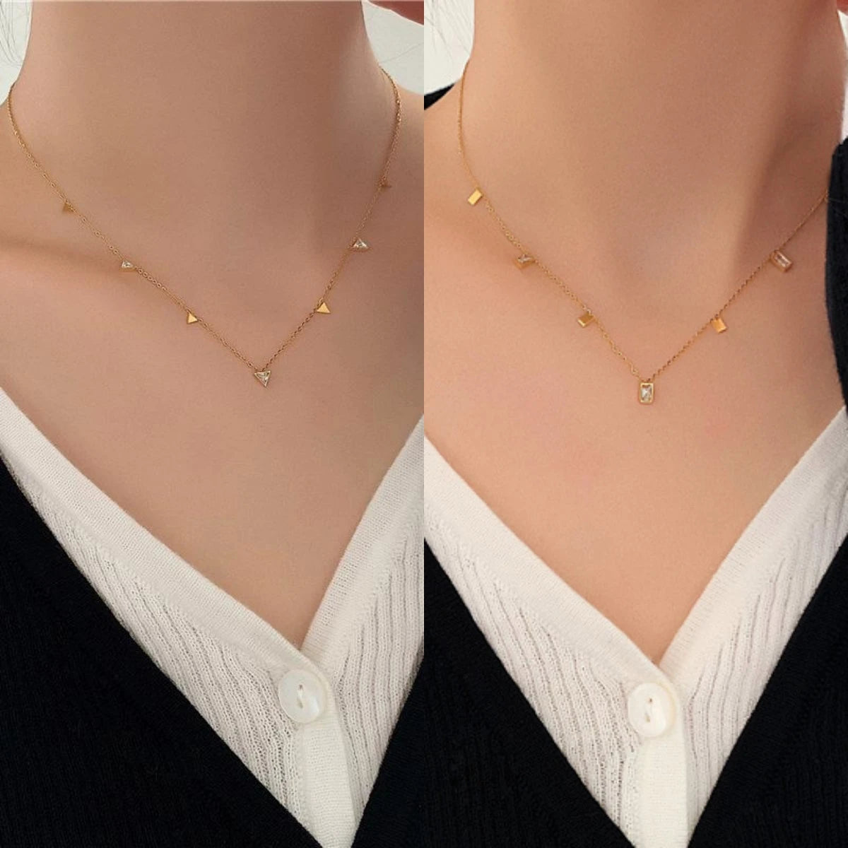 Square Crystal Zircon Fringe Pendant Necklace | Gold Stainless Steel