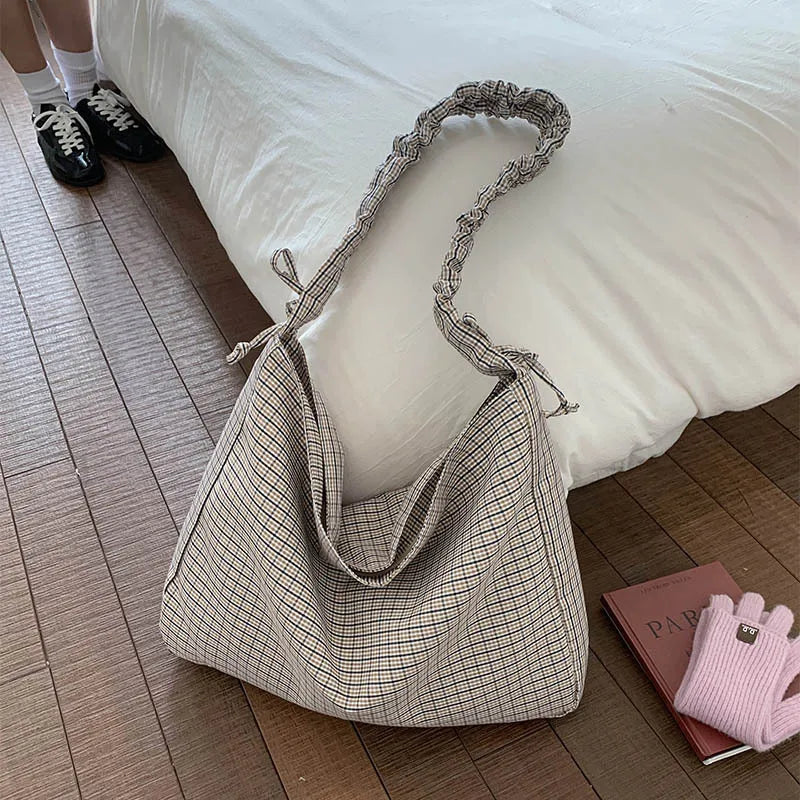 Plaid Canvas Crossbody Bag – Korean Style Commuter Tote Crossbody Bag Nixie Khaki