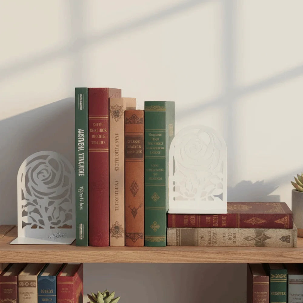 2Pcs Metal Rose Hollow Bookends – Decorative White Book Ends Decorative Bookends Nixie