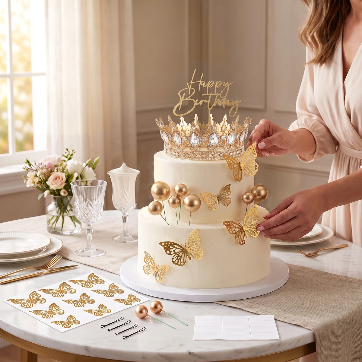 Crown Birthday Cake Topper Set – 3D Decor, Balls & Acrylic Topper