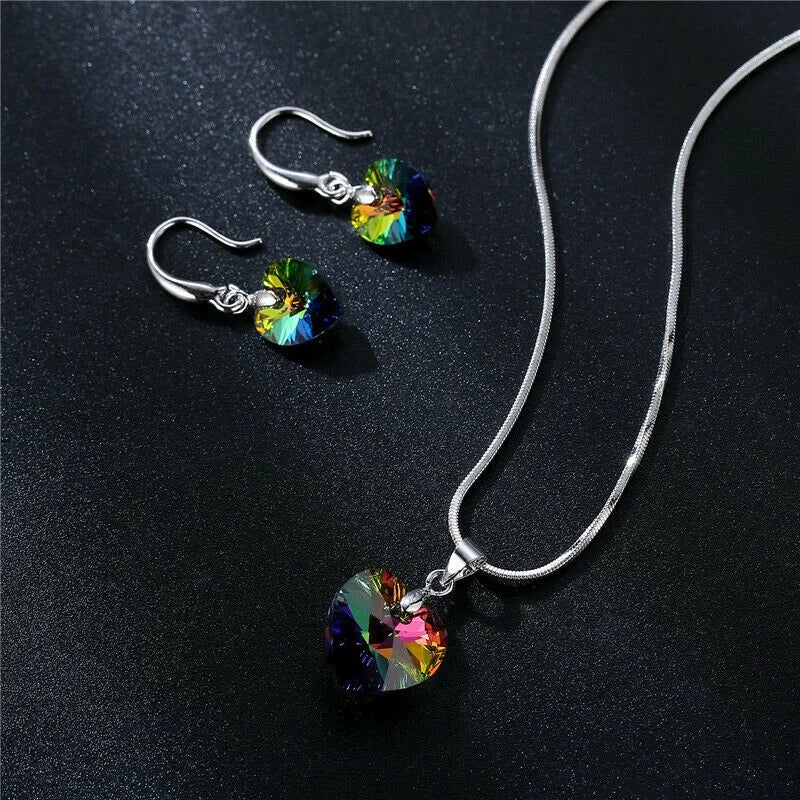 Rainbow Heart Pendant Necklace & Earrings Set | Nixie Jewelry Set Nixie