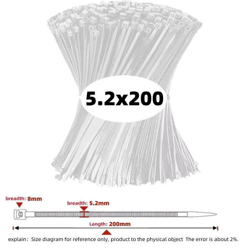 100/1000 PCS Self-Locking Nylon Cable Zip Ties White Straps Cable Zip Ties Nixie 250PCS 8x200mm