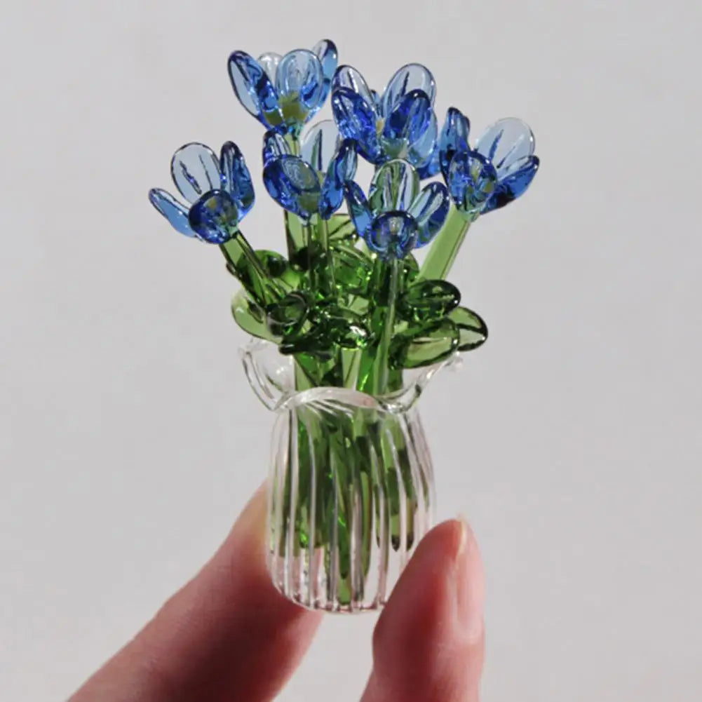 Hand-Blown Glass Flower Bouquet Set with Vase – 7pc Mini Decor Glass Floral Ornament Nixie