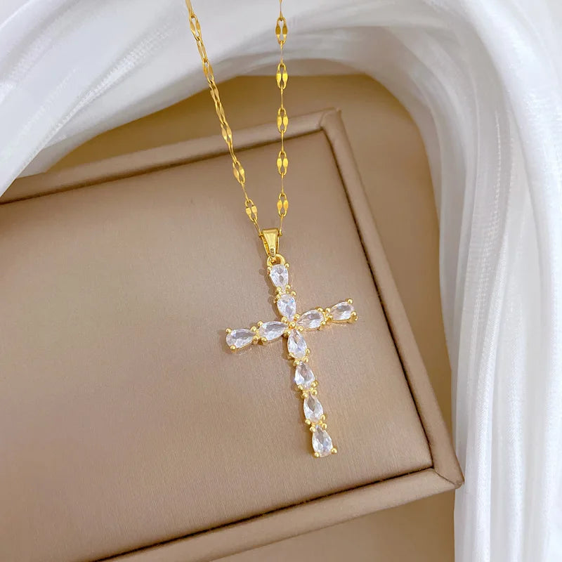 Women's Gold Cross Pendant Necklace | Stainless Steel Choker