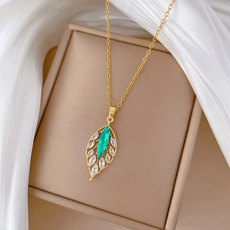 Blue Leaf Pendant Necklace – Gold Stainless Steel Clavicle Chain Pendant Necklace Nixie