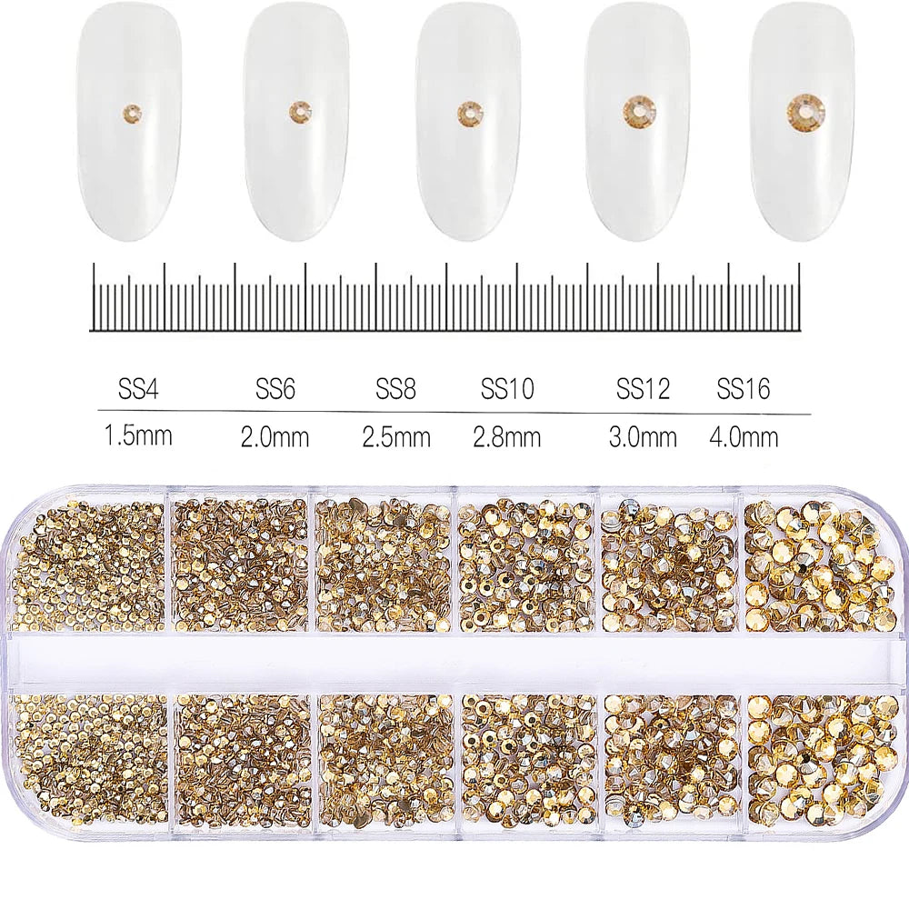 Champagne Crystal Nail Rhinestones 12-Grid SS4-SS16 Flatback Gems Set Nail Art Rhinestones Nixie